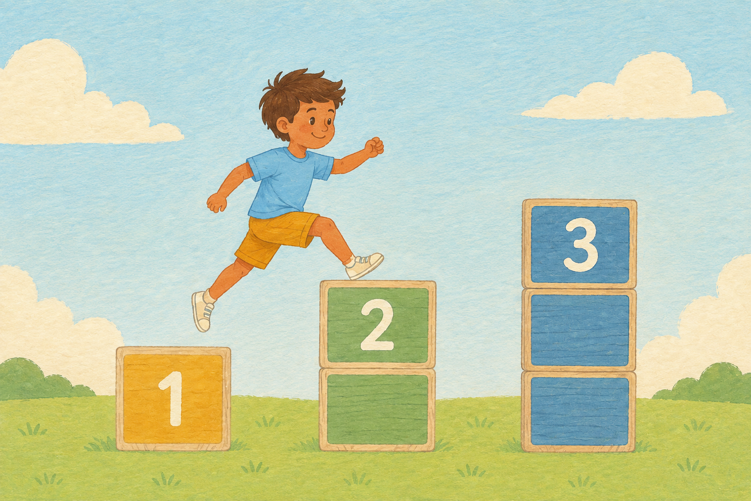 Sam leaping from one wooden number block towards a stack of two, with a stack of three ahead