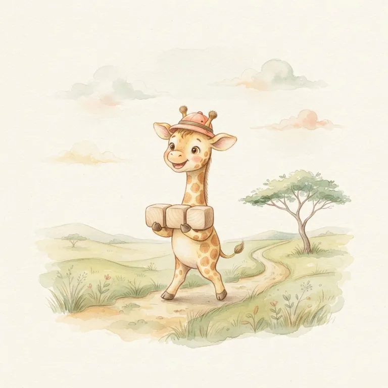 A friendly giraffe explorer carrying word blocks